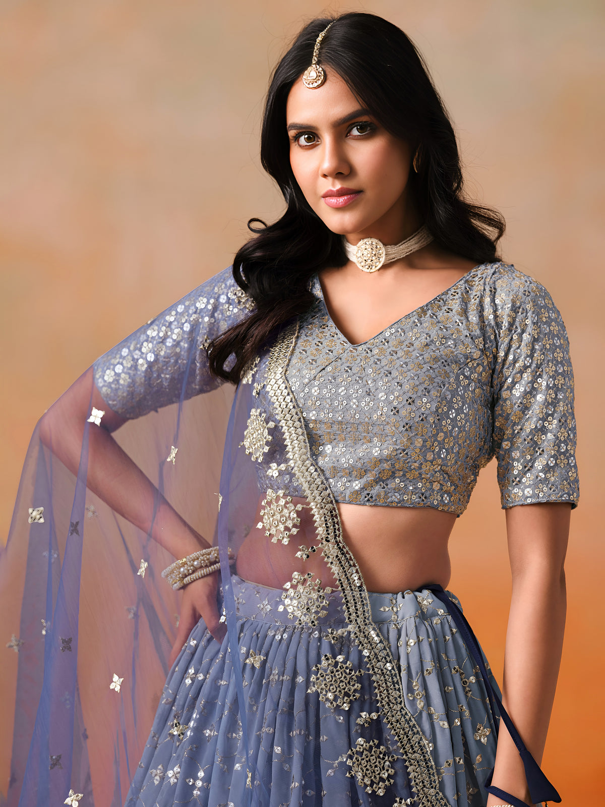 Navy Blue Lehenga Choli with Silver-Gold Floral Embroidery and Matching Dupatta