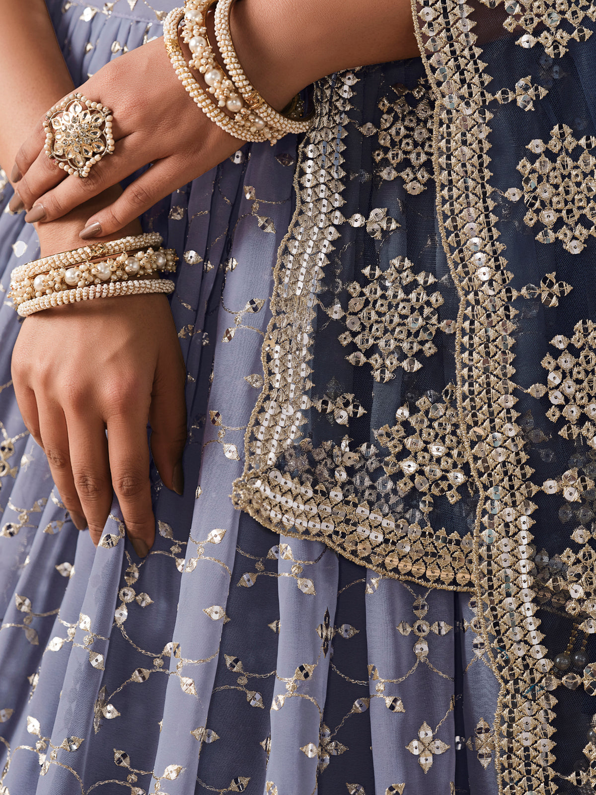 Navy Blue Lehenga Choli with Silver-Gold Floral Embroidery and Matching Dupatta