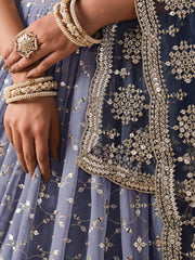Navy Blue Lehenga Choli with Silver-Gold Floral Embroidery and Matching Dupatta