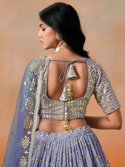Navy Blue Lehenga Choli with Silver-Gold Floral Embroidery and Matching Dupatta