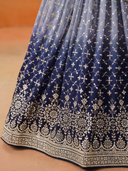 Navy Blue Lehenga Choli with Silver-Gold Floral Embroidery and Matching Dupatta