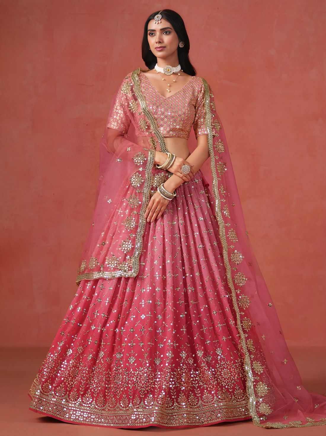 Peach Pink Lehenga Choli with Gold Floral Embroidery and Matching Dupatta