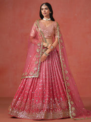 Peach Pink Lehenga Choli with Gold Floral Embroidery and Matching Dupatta