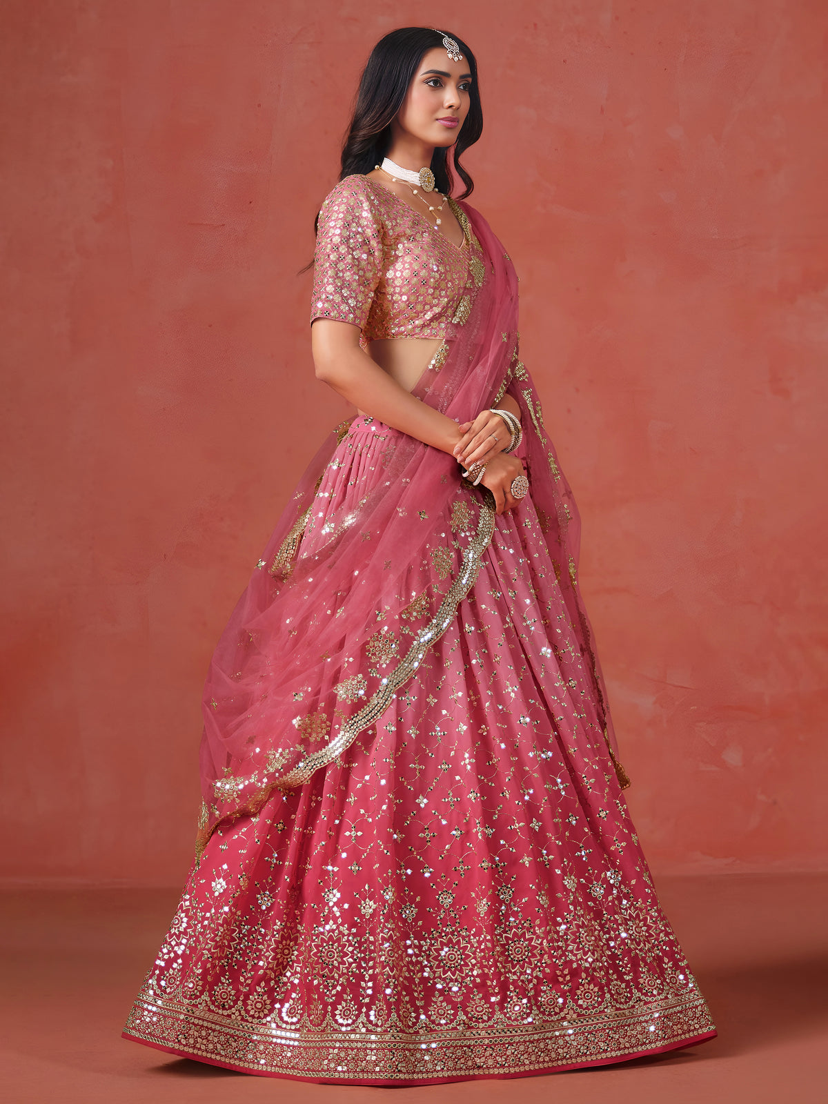 Peach Pink Lehenga Choli with Gold Floral Embroidery and Matching Dupatta