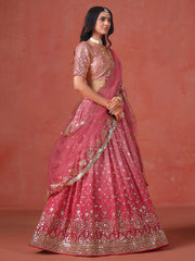 Peach Pink Lehenga Choli with Gold Floral Embroidery and Matching Dupatta