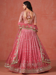 Peach Pink Lehenga Choli with Gold Floral Embroidery and Matching Dupatta