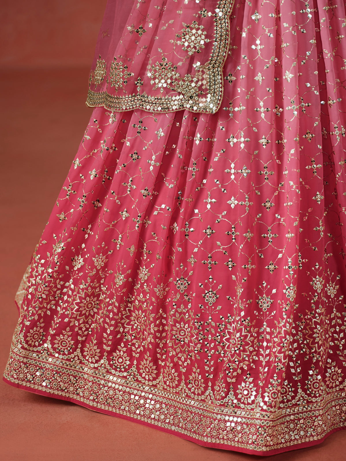 Peach Pink Lehenga Choli with Gold Floral Embroidery and Matching Dupatta