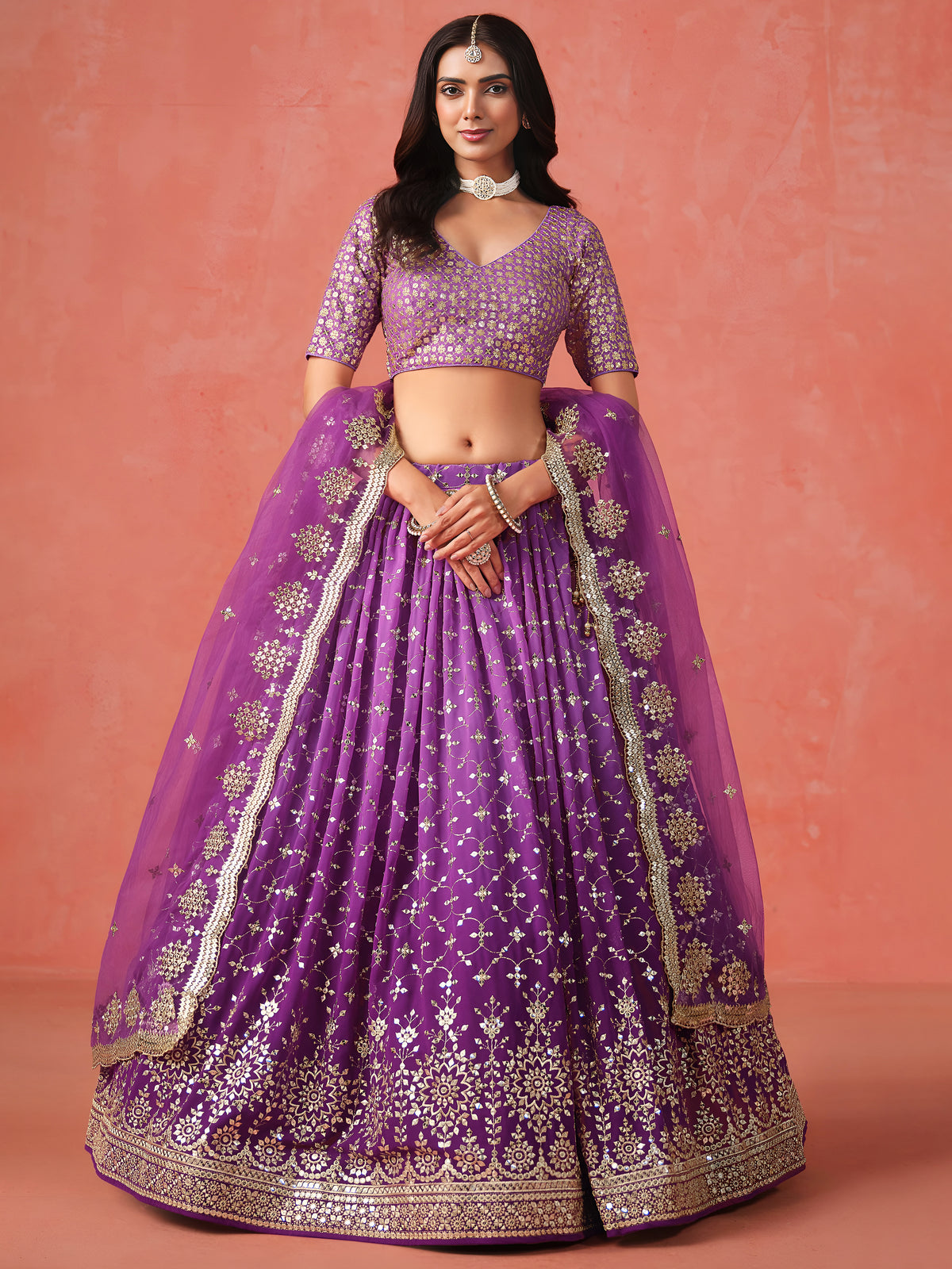 Royal Purple Lehenga Choli with Gold Floral Embroidery and Matching Dupatta