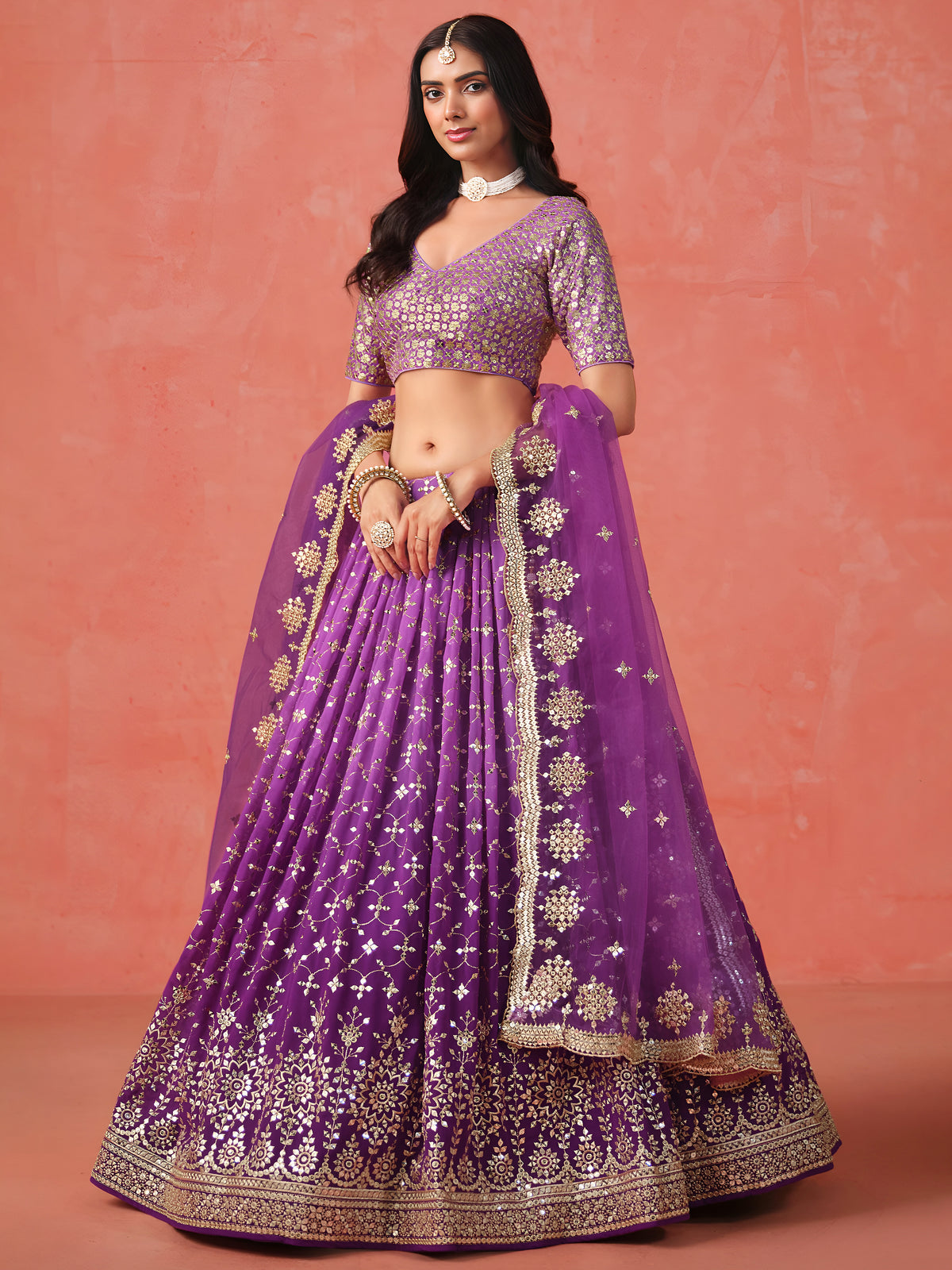 Royal Purple Lehenga Choli with Gold Floral Embroidery and Matching Dupatta