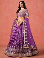 Royal Purple Lehenga Choli with Gold Floral Embroidery and Matching Dupatta
