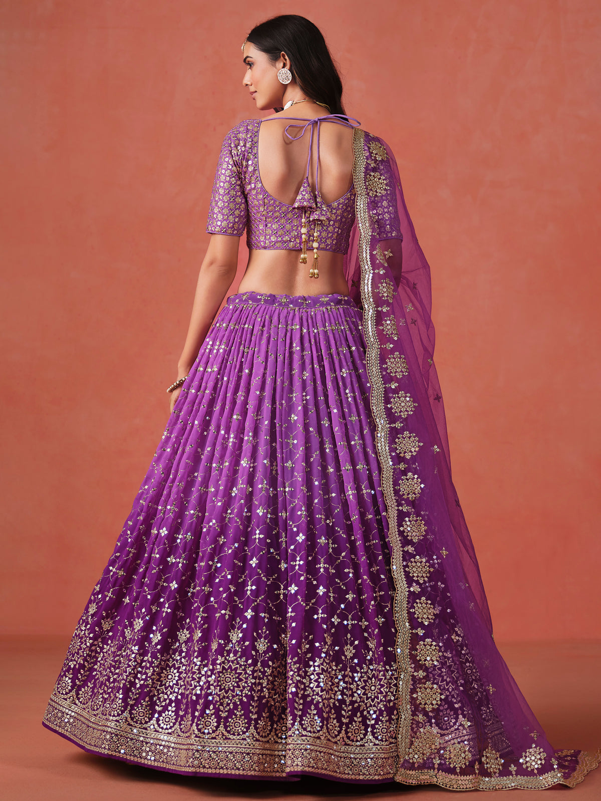 Royal Purple Lehenga Choli with Gold Floral Embroidery and Matching Dupatta
