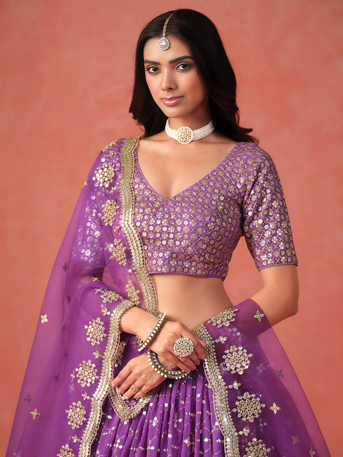 Royal Purple Lehenga Choli with Gold Floral Embroidery and Matching Dupatta