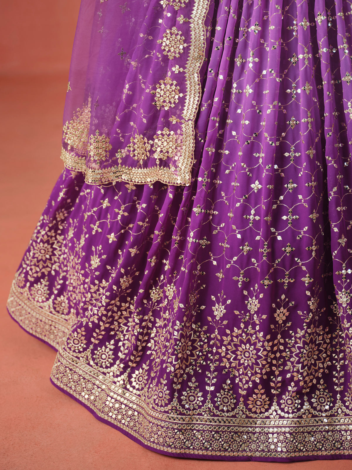 Royal Purple Lehenga Choli with Gold Floral Embroidery and Matching Dupatta