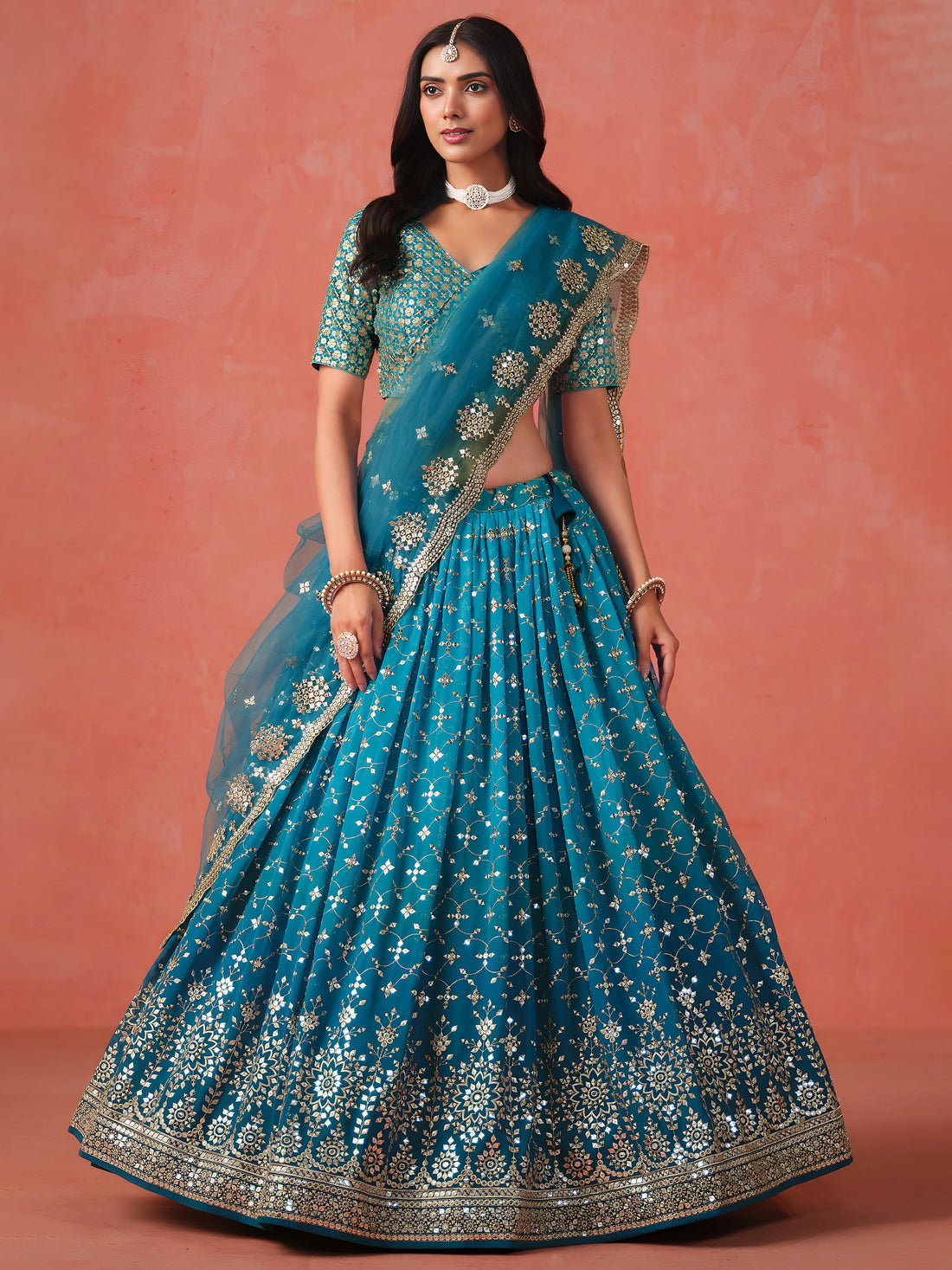 Rama Blue Lehenga Choli with Gold Floral Embroidery and Matching Dupatta