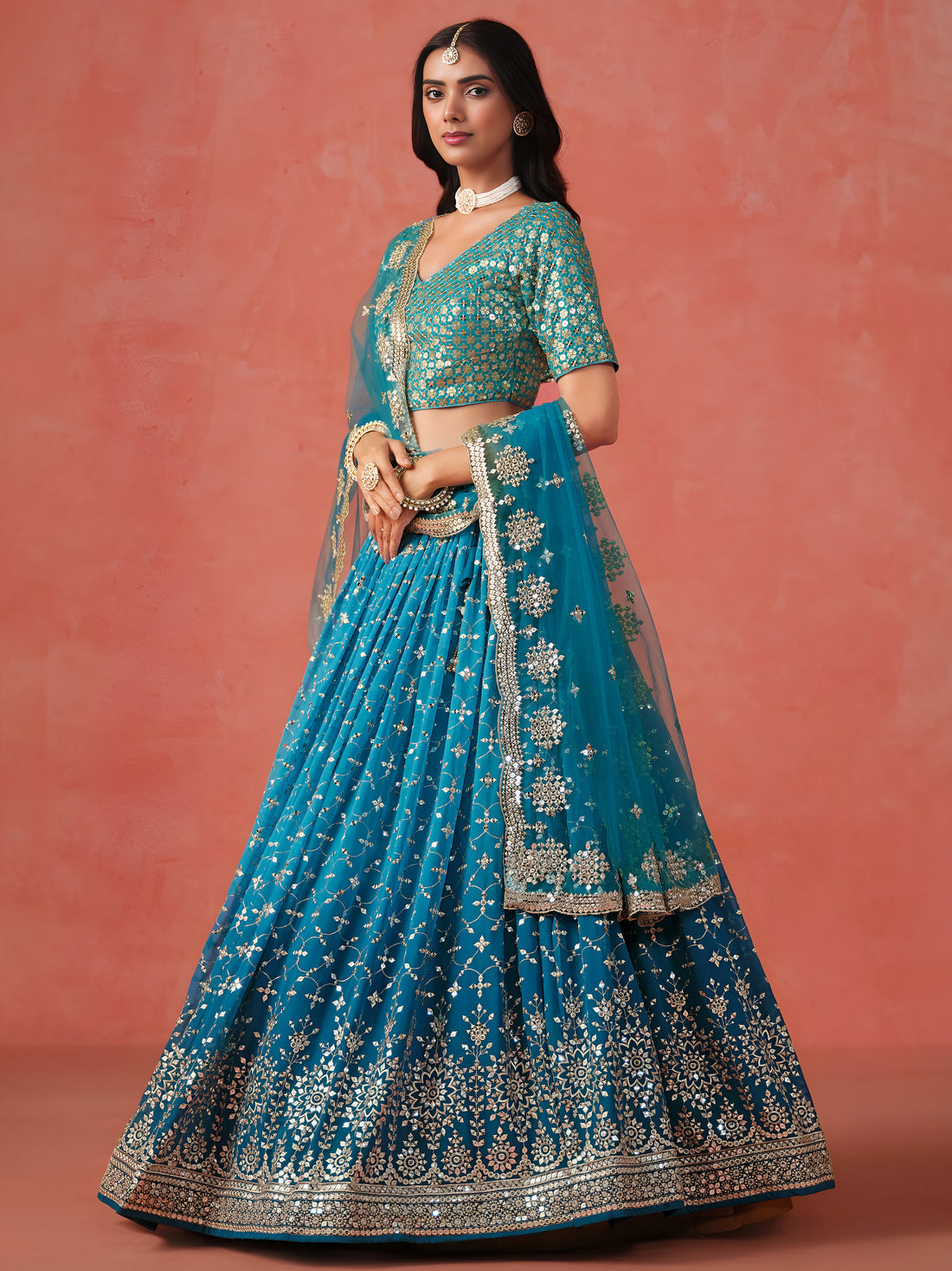 Rama Blue Lehenga Choli with Gold Floral Embroidery and Matching Dupatta