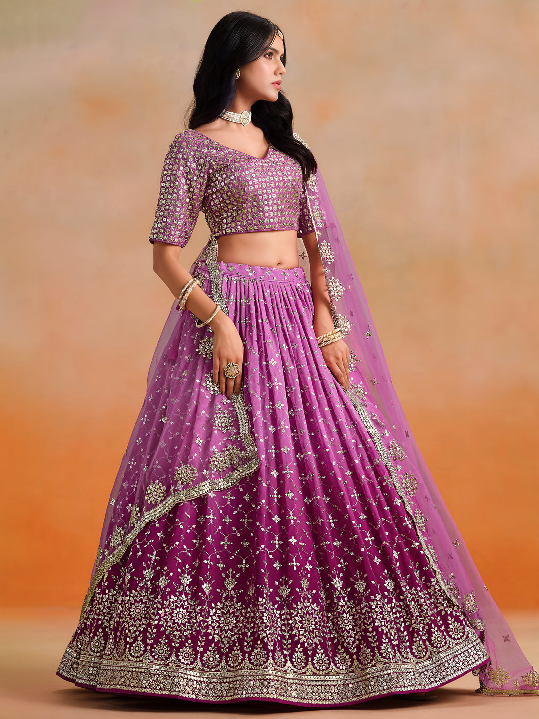 Magenta Pink Lehenga Choli with Gold Floral Embroidery and Matching Dupatta