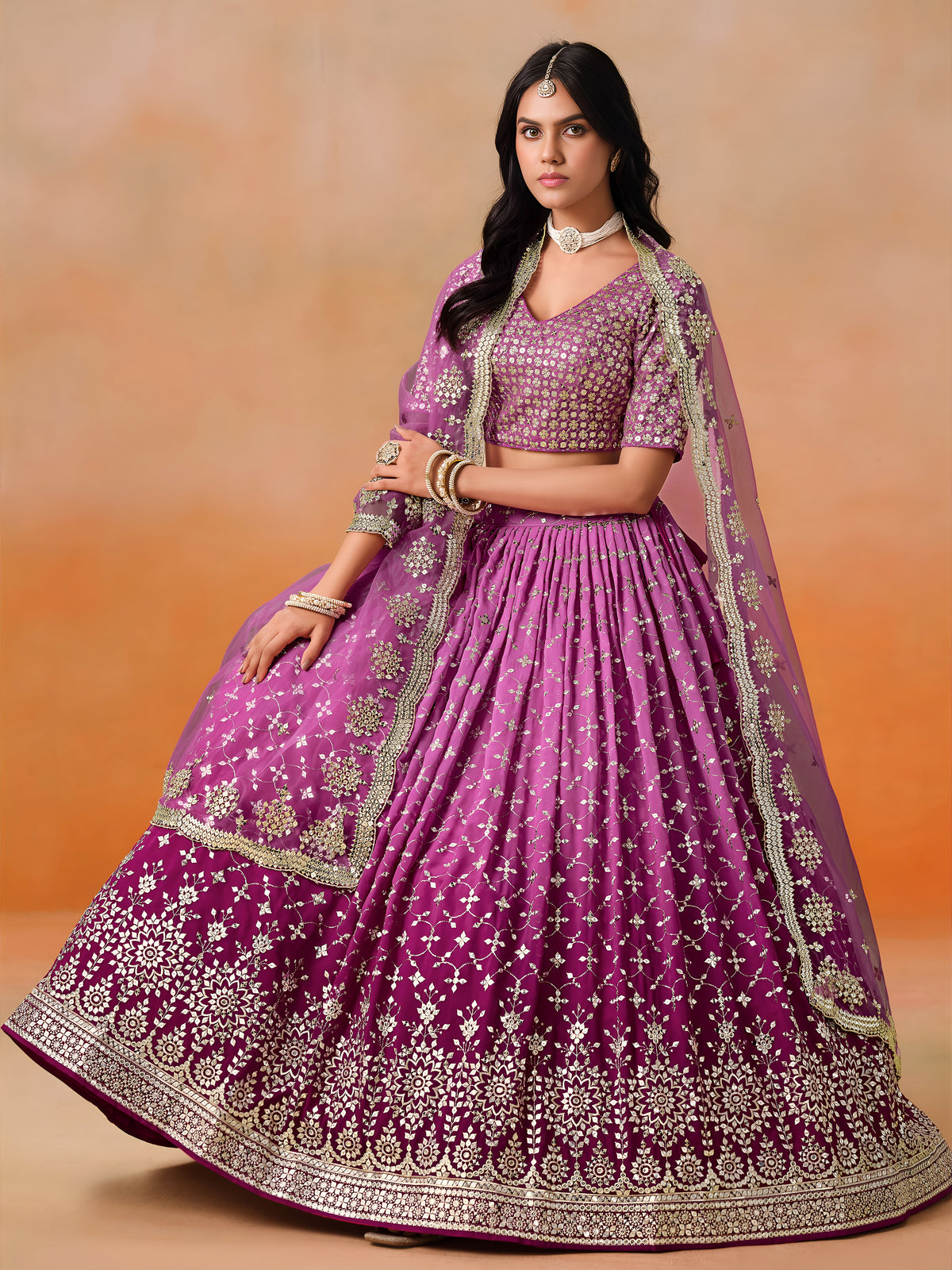 Magenta Pink Lehenga Choli with Gold Floral Embroidery and Matching Dupatta