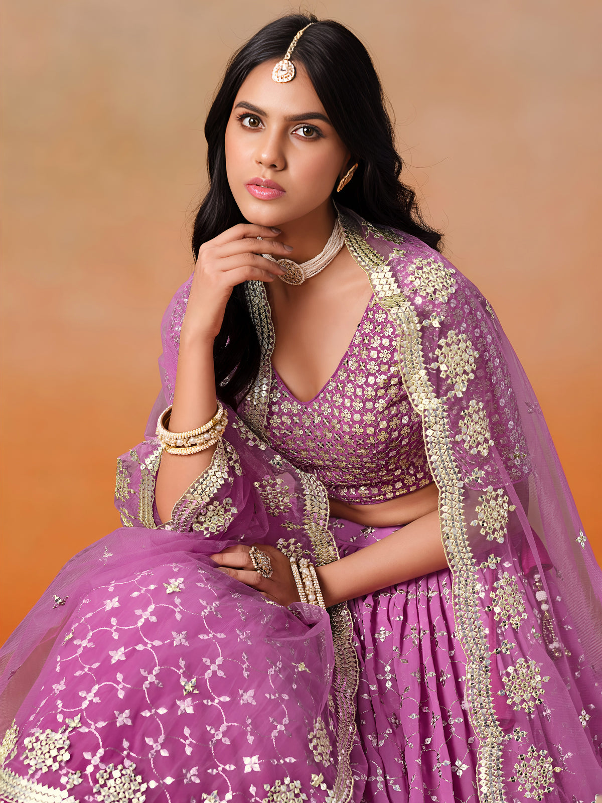 Magenta Pink Lehenga Choli with Gold Floral Embroidery and Matching Dupatta