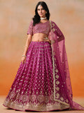 Rani Pink Lehenga Choli with Gold Floral Embroidery and Matching Dupatta