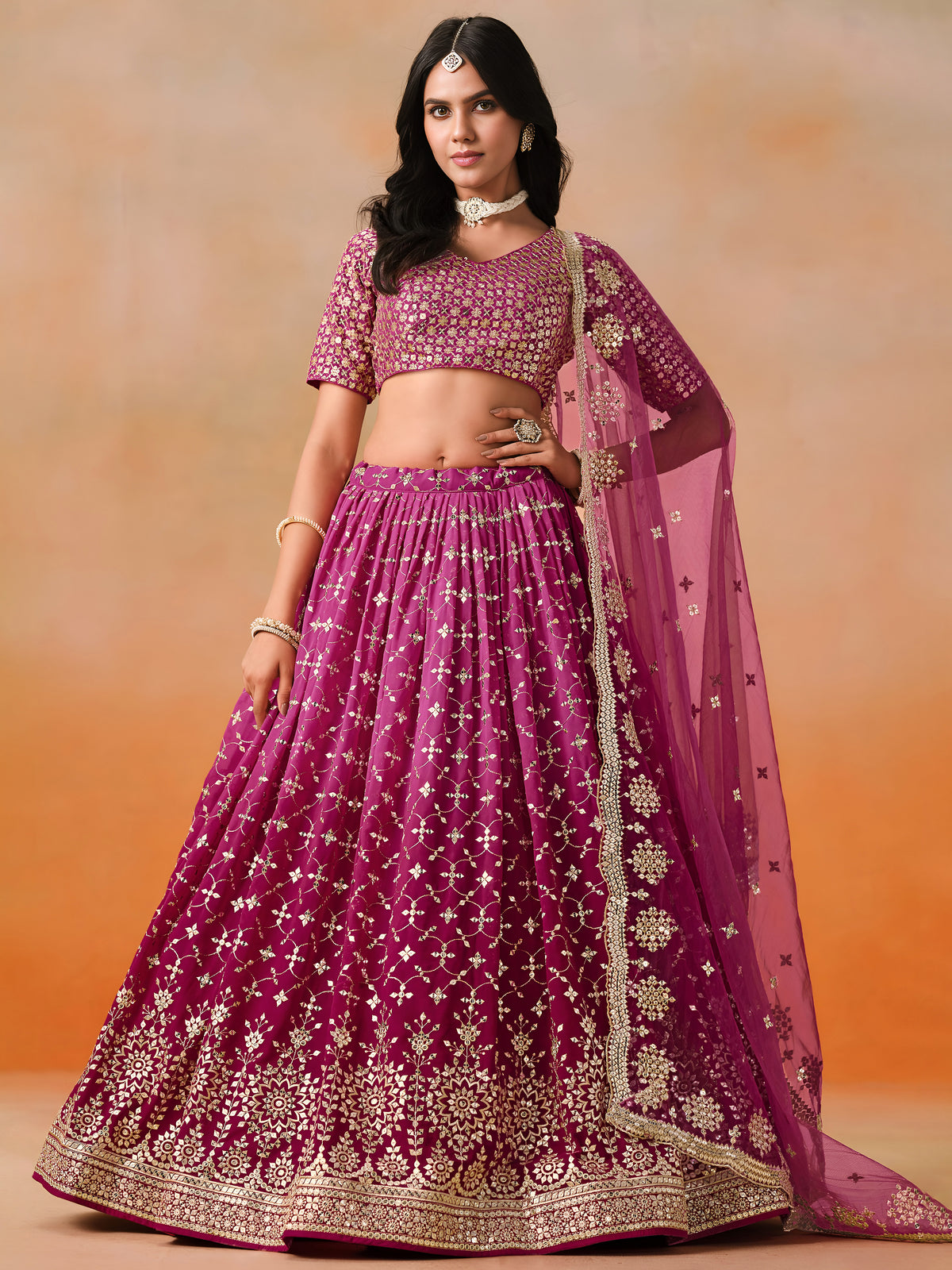Rani Pink Lehenga Choli with Gold Floral Embroidery and Matching Dupatta
