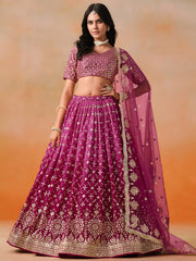Rani Pink Lehenga Choli with Gold Floral Embroidery and Matching Dupatta