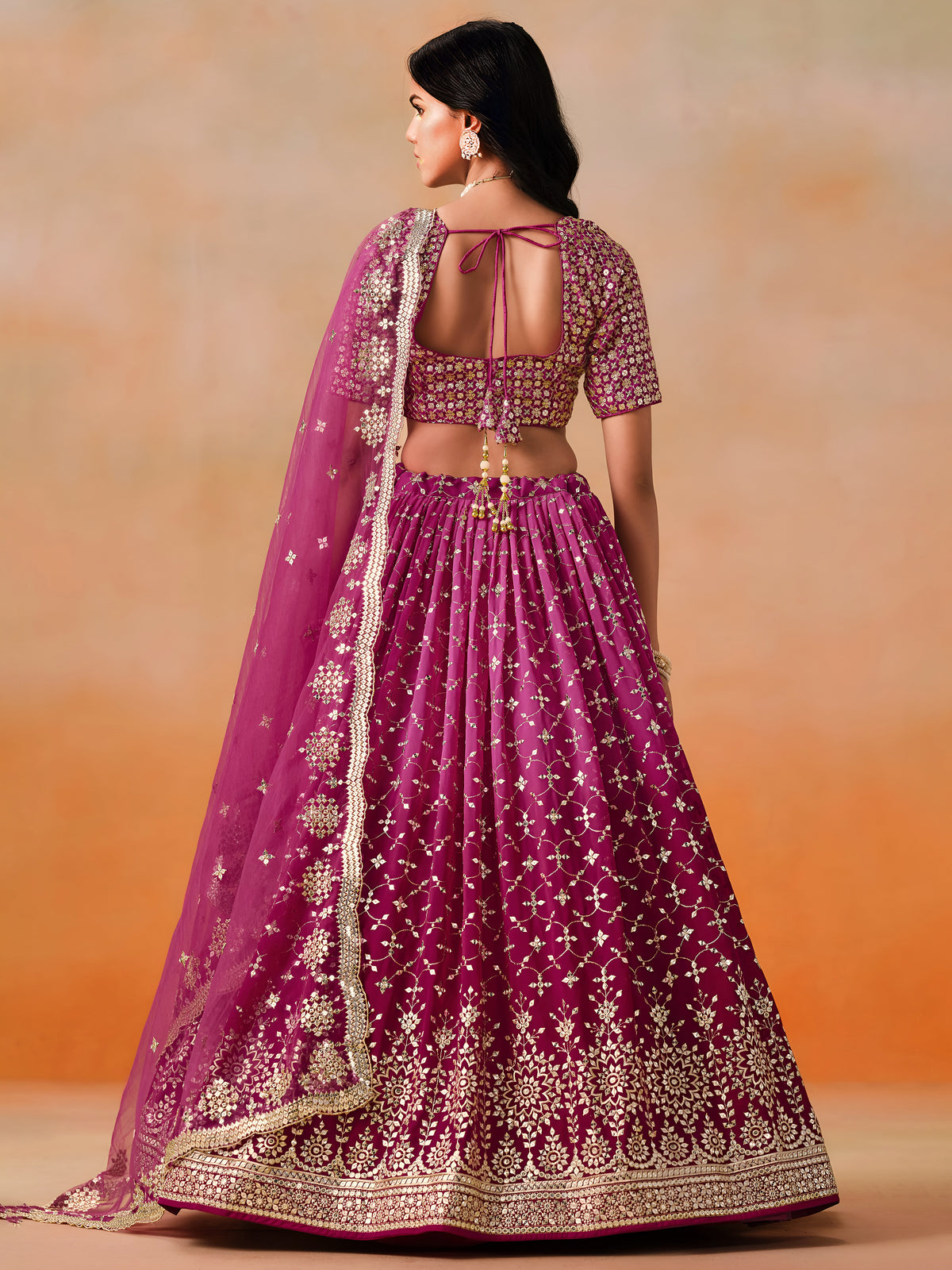 Rani Pink Lehenga Choli with Gold Floral Embroidery and Matching Dupatta