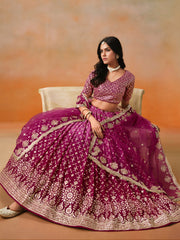 Rani Pink Lehenga Choli with Gold Floral Embroidery and Matching Dupatta