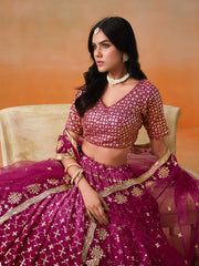 Rani Pink Lehenga Choli with Gold Floral Embroidery and Matching Dupatta