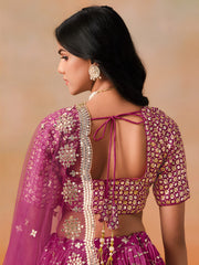 Rani Pink Lehenga Choli with Gold Floral Embroidery and Matching Dupatta