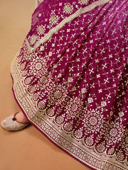 Rani Pink Lehenga Choli with Gold Floral Embroidery and Matching Dupatta