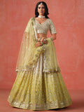 Lime Yellow Lehenga Choli with Silver-Gold Embroidery and Sheer Dupatta