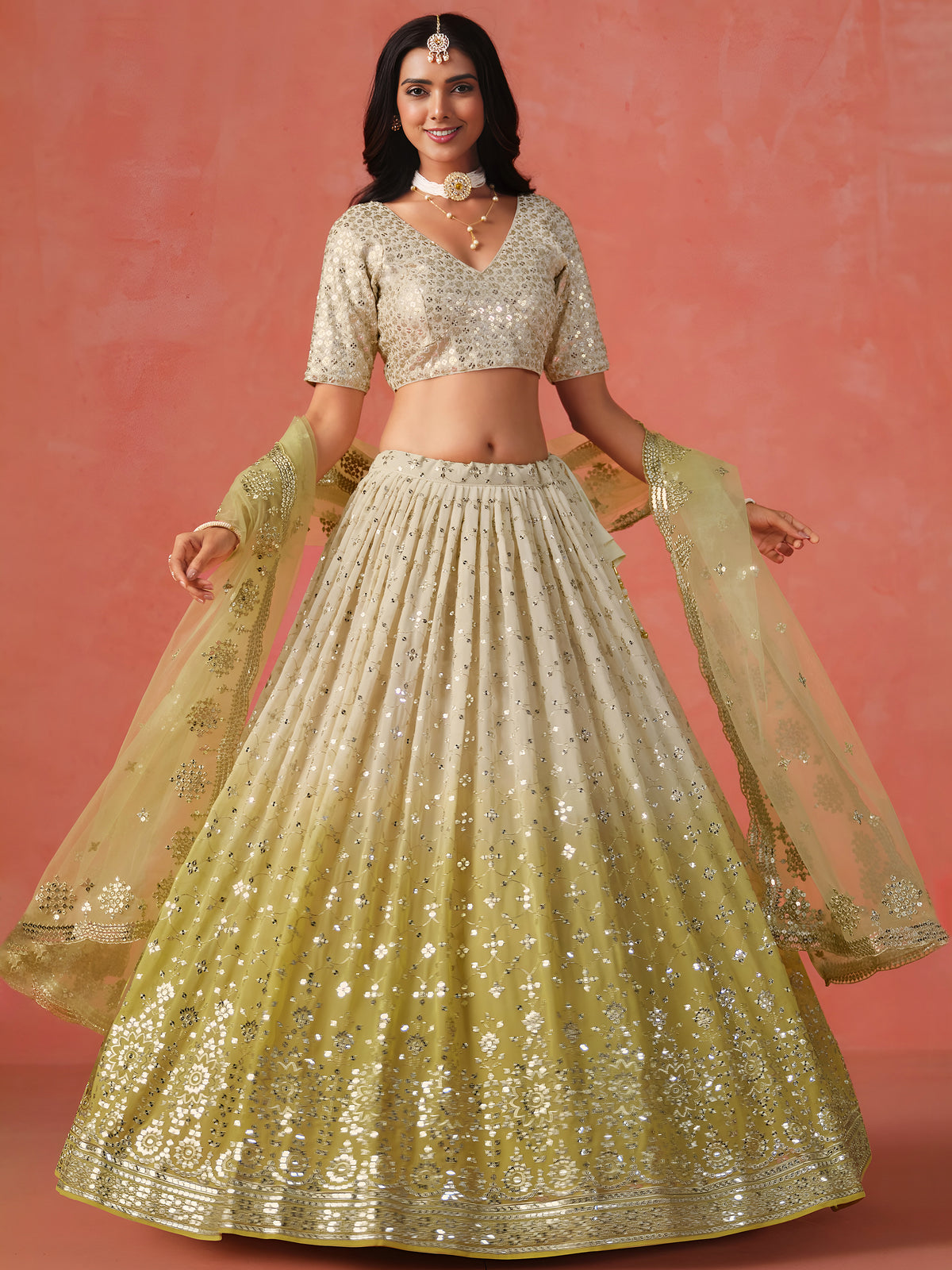 Lime Yellow Lehenga Choli with Silver-Gold Embroidery and Sheer Dupatta