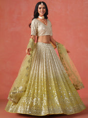 Lime Yellow Lehenga Choli with Silver-Gold Embroidery and Sheer Dupatta