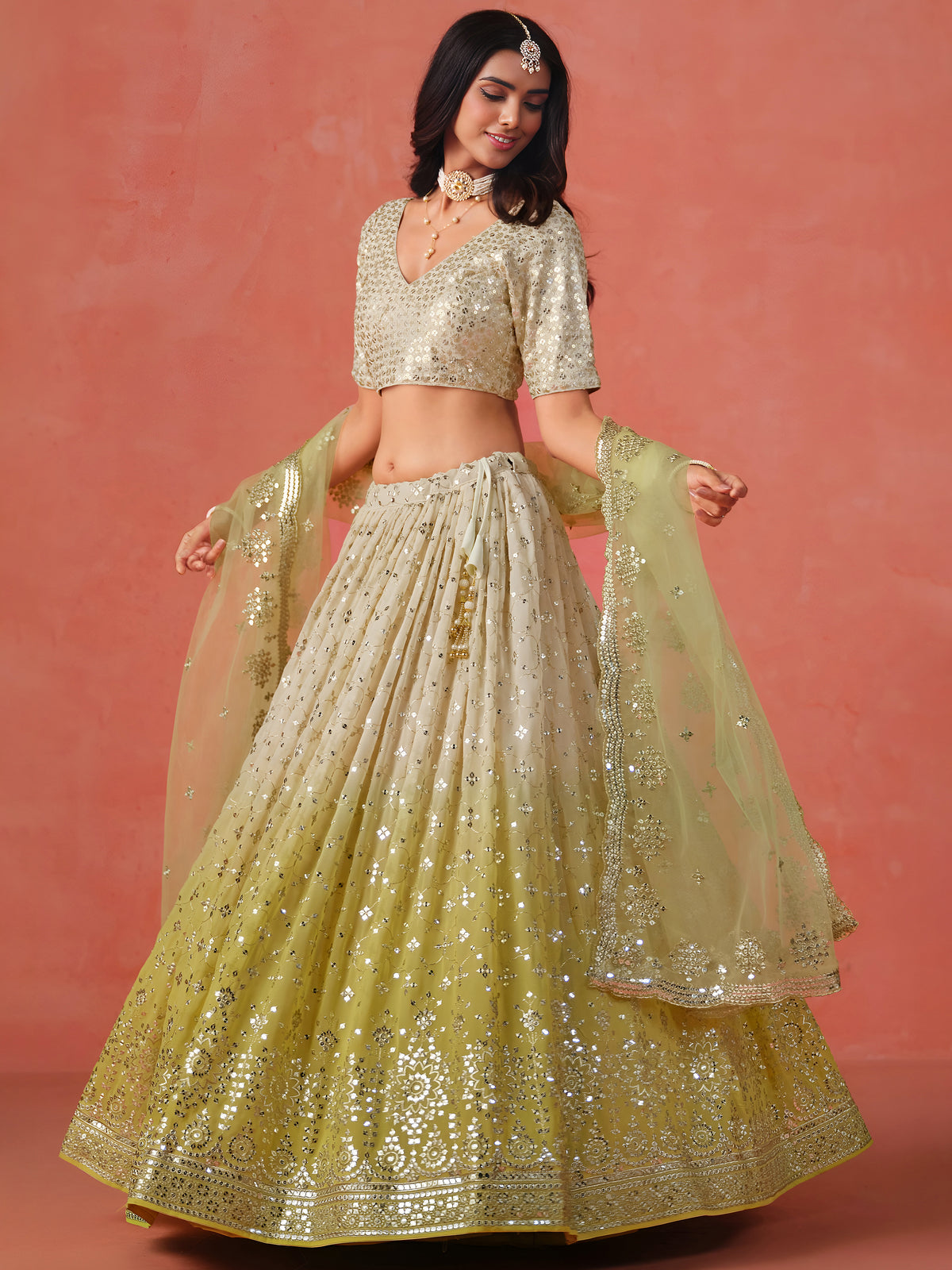 Lime Yellow Lehenga Choli with Silver-Gold Embroidery and Sheer Dupatta
