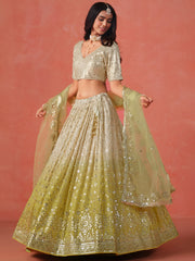 Lime Yellow Lehenga Choli with Silver-Gold Embroidery and Sheer Dupatta