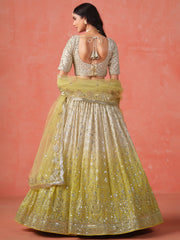 Lime Yellow Lehenga Choli with Silver-Gold Embroidery and Sheer Dupatta