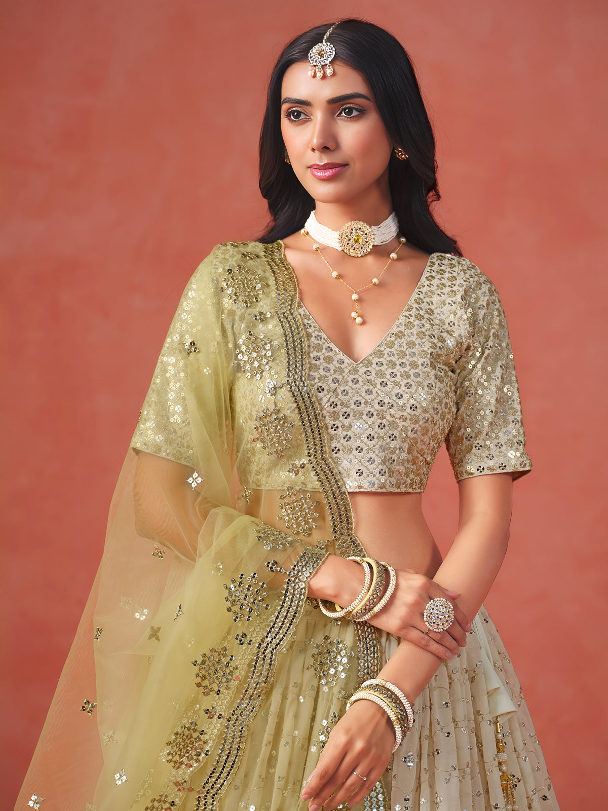 Lime Yellow Lehenga Choli with Silver-Gold Embroidery and Sheer Dupatta