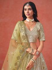 Lime Yellow Lehenga Choli with Silver-Gold Embroidery and Sheer Dupatta