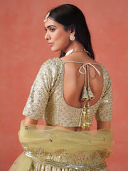 Lime Yellow Lehenga Choli with Silver-Gold Embroidery and Sheer Dupatta