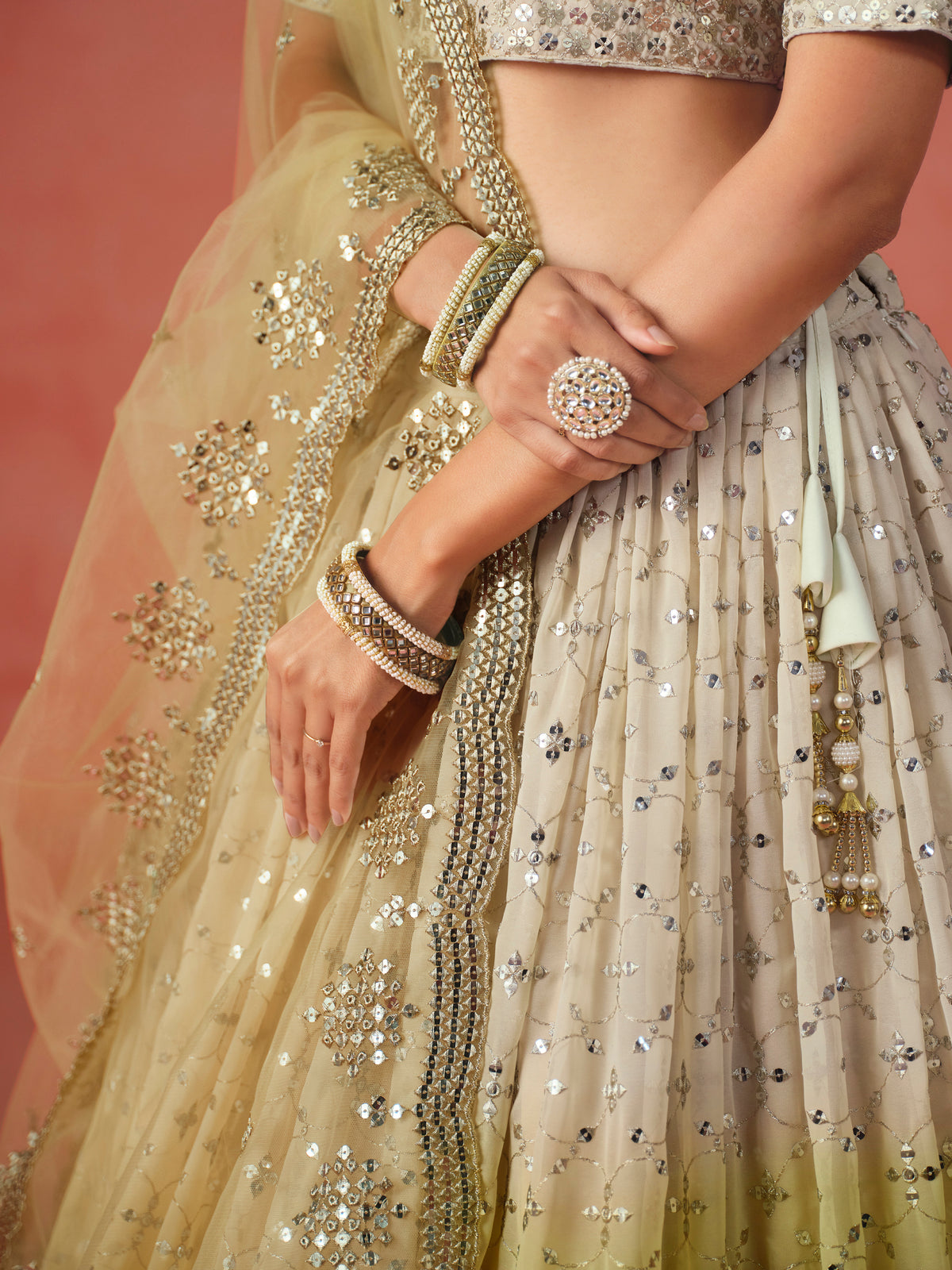 Lime Yellow Lehenga Choli with Silver-Gold Embroidery and Sheer Dupatta