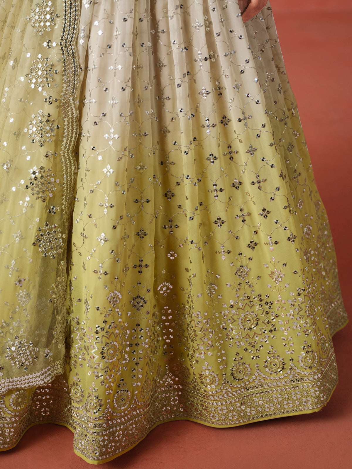 Lime Yellow Lehenga Choli with Silver-Gold Embroidery and Sheer Dupatta