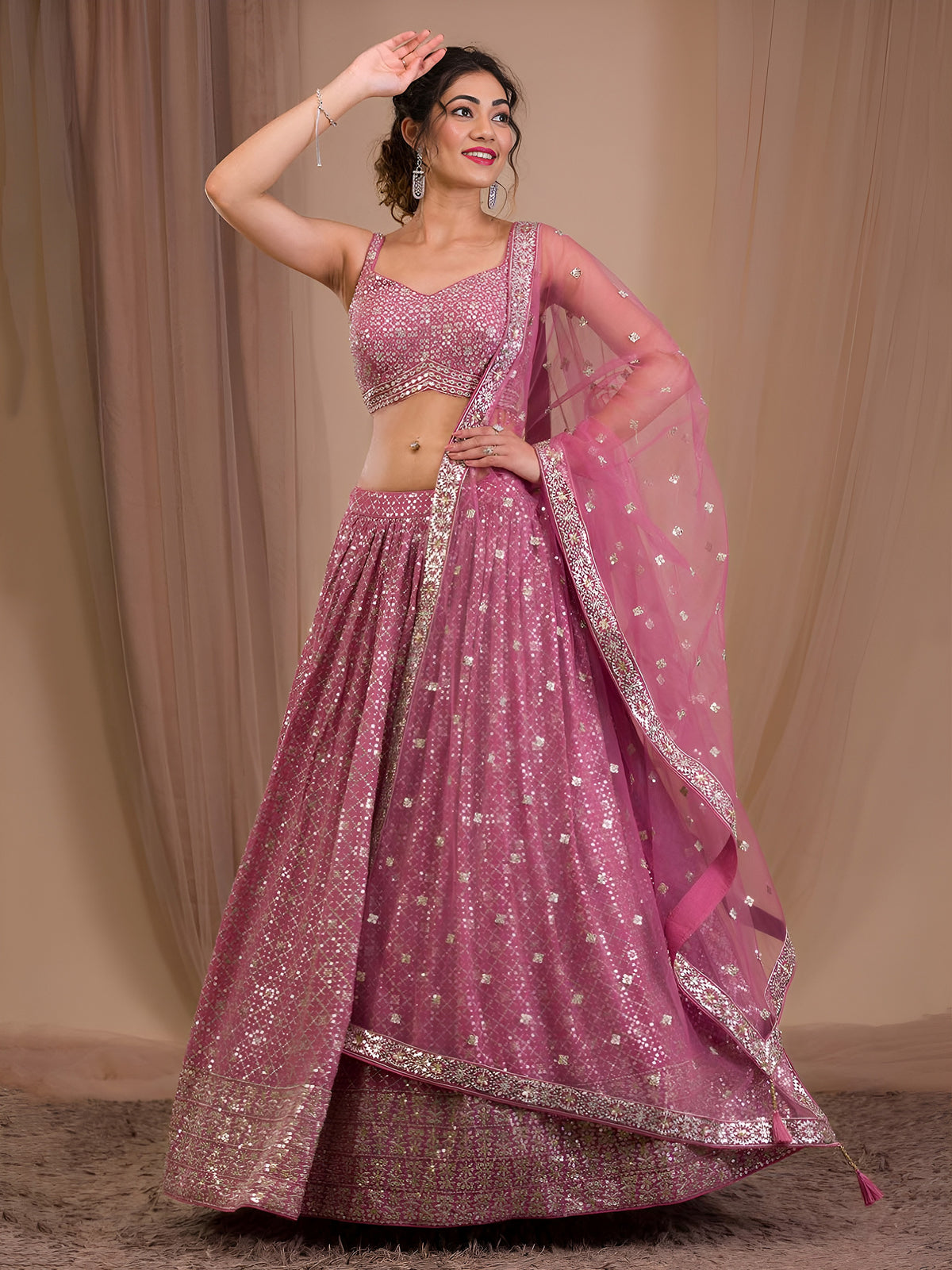 Elegant Dusty Pink Sequined Lehenga Choli with Embroidered Dupatta