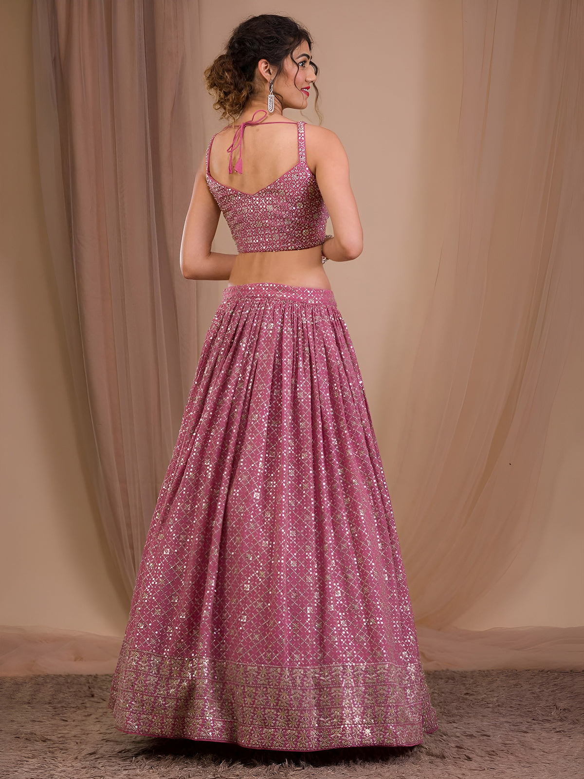 Elegant Dusty Pink Sequined Lehenga Choli with Embroidered Dupatta