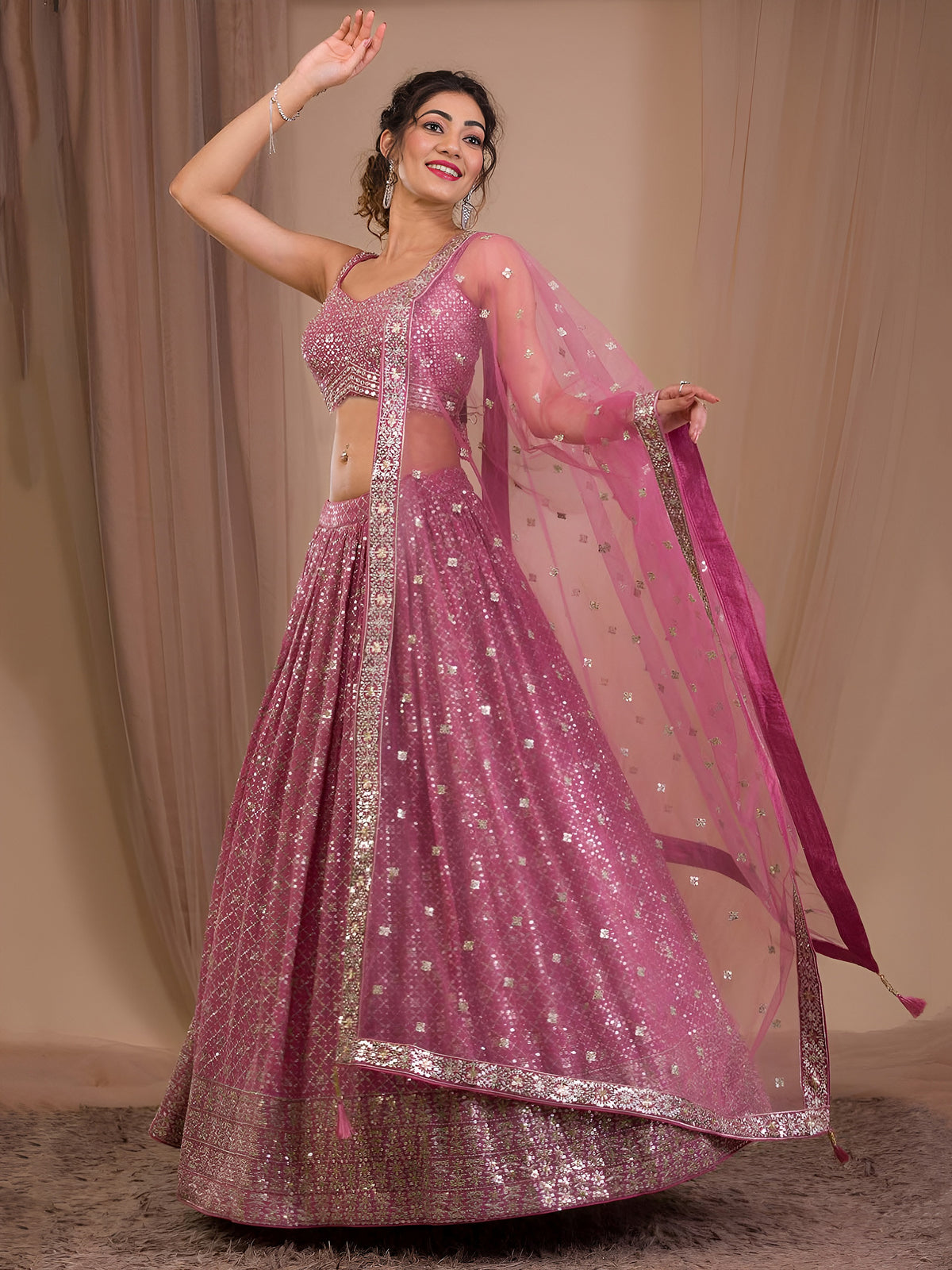 Elegant Dusty Pink Sequined Lehenga Choli with Embroidered Dupatta