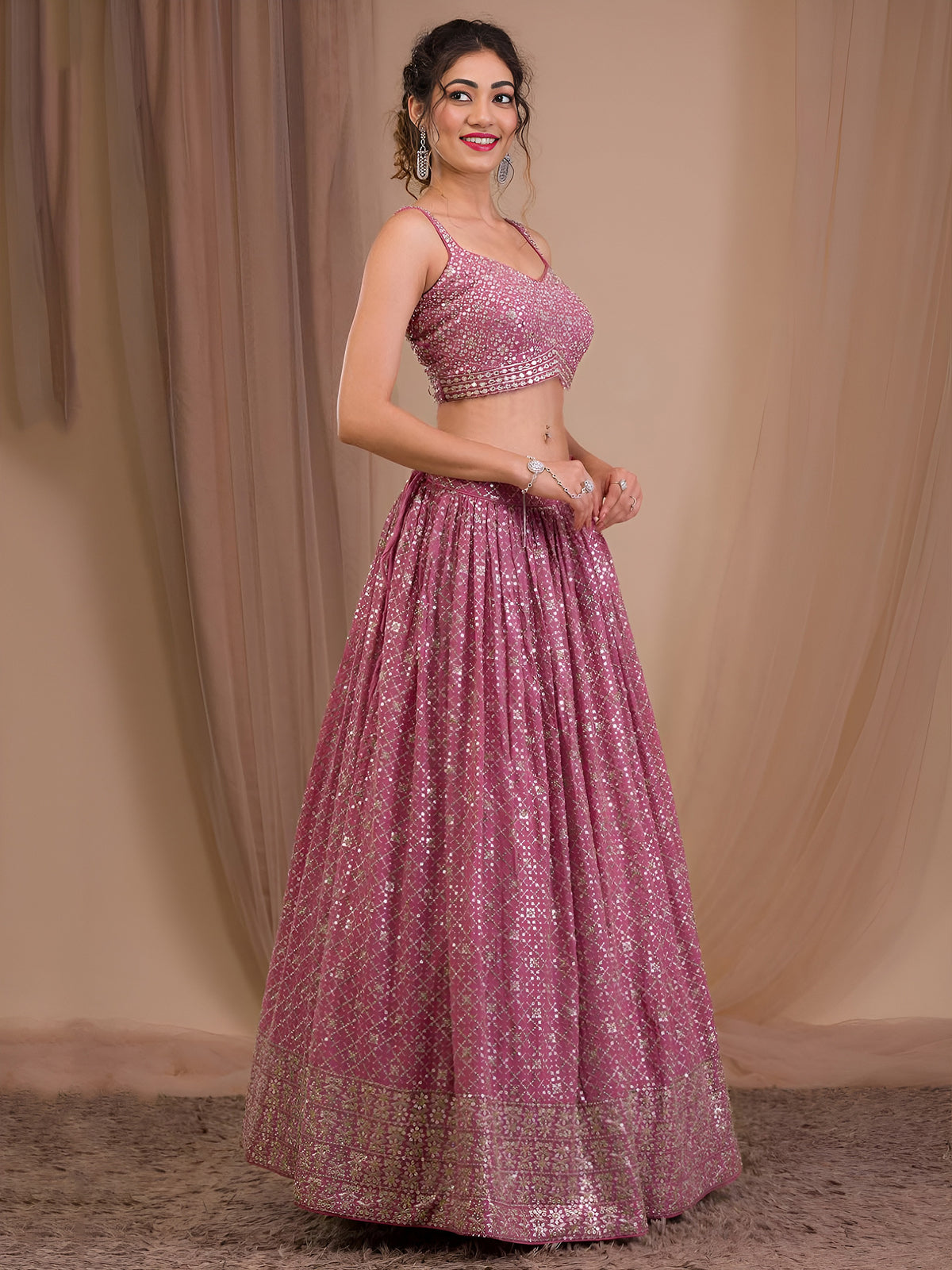 Elegant Dusty Pink Sequined Lehenga Choli with Embroidered Dupatta