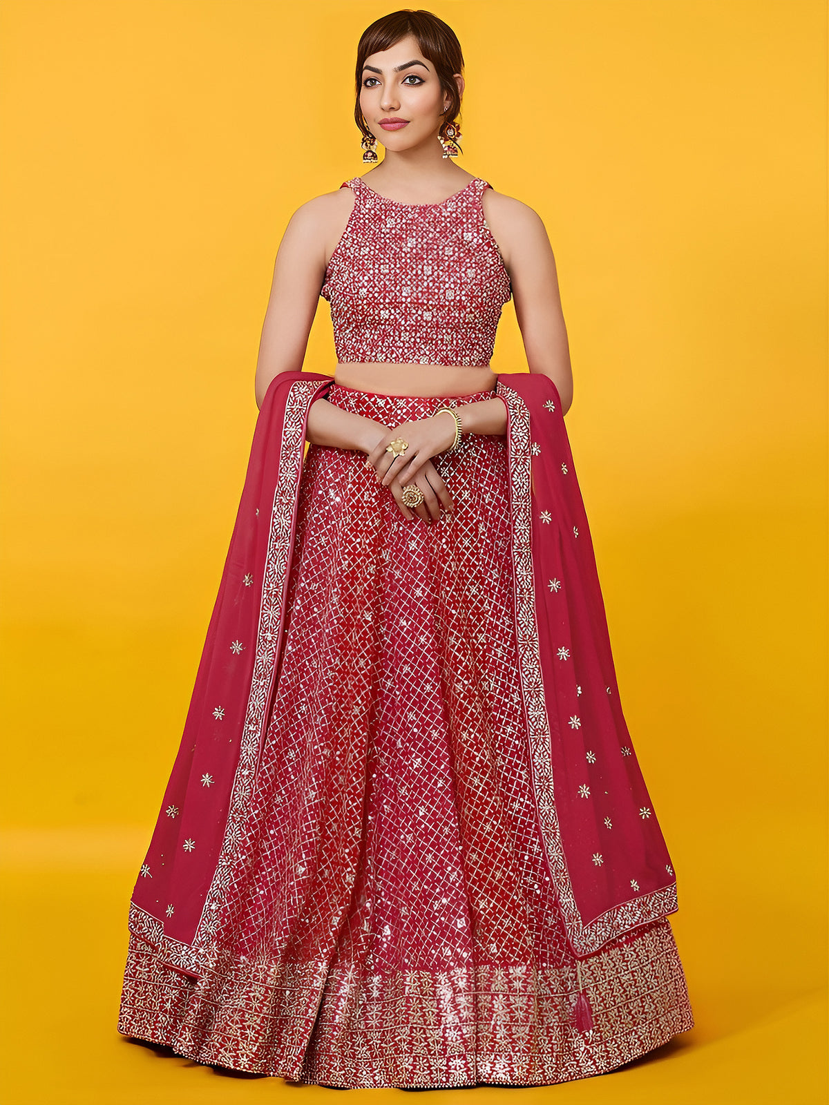 Elegant Maroon Red Sequin Lehenga Choli with Embroidered Dupatta