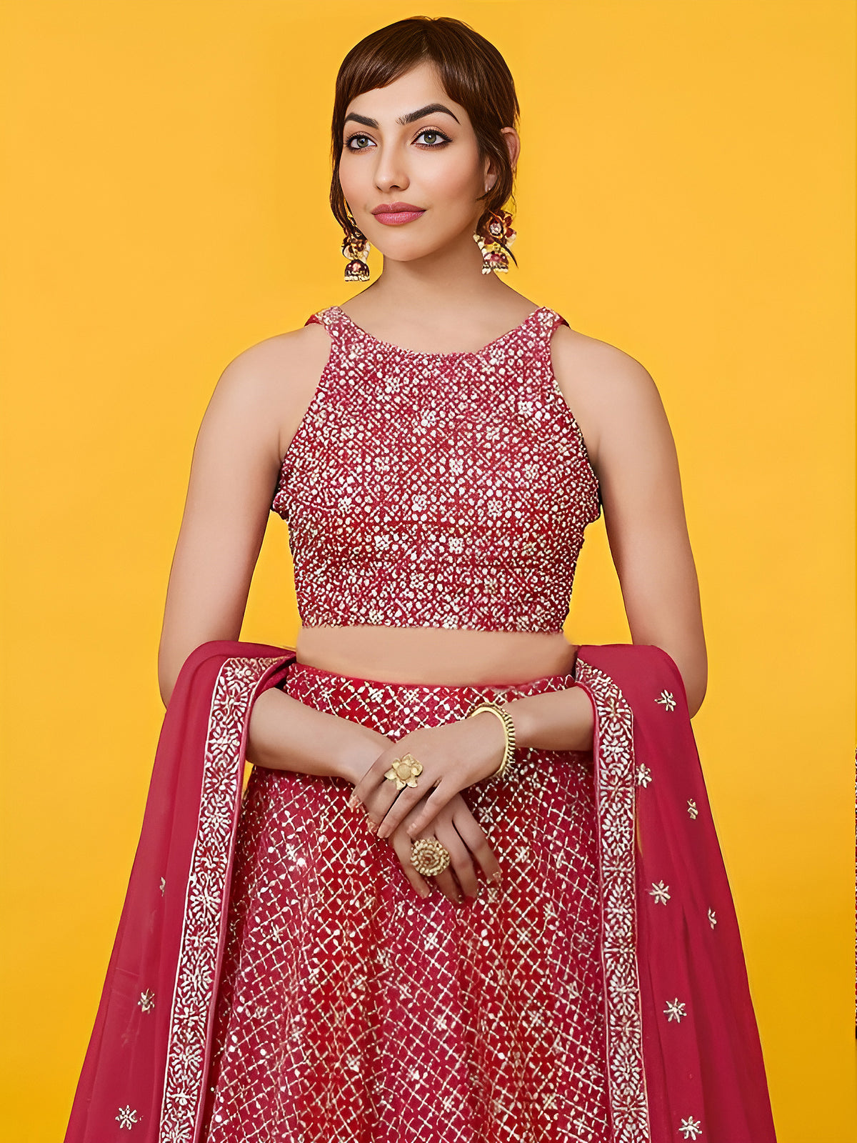Elegant Maroon Red Sequin Lehenga Choli with Embroidered Dupatta