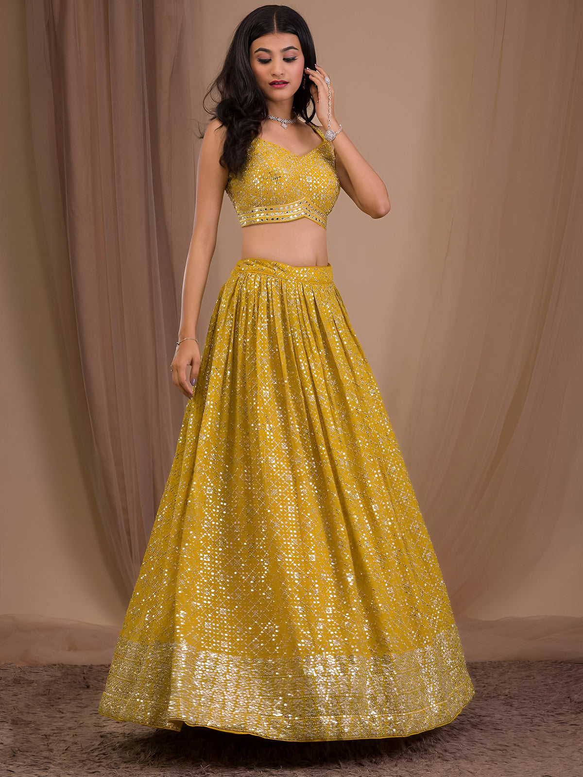 Mustard Yellow Sequin Lehenga Choli with Embellished Dupatta