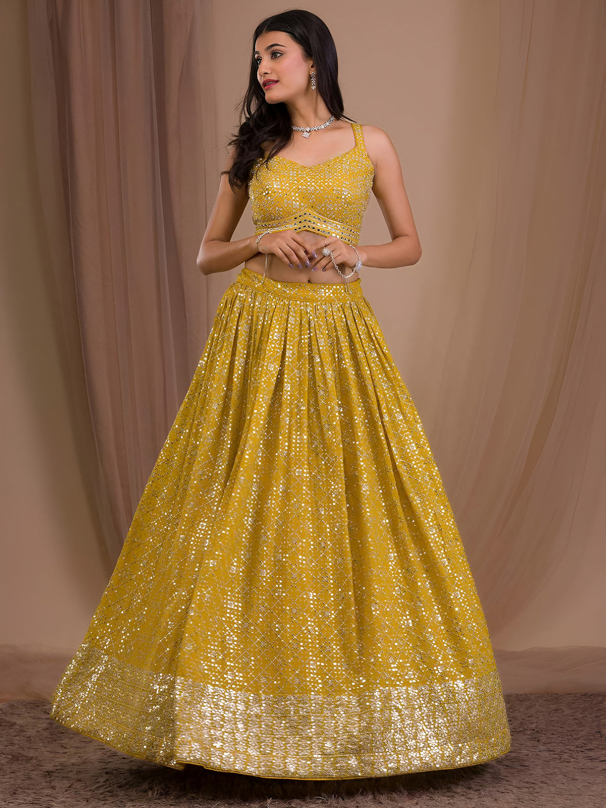 Mustard Yellow Sequin Lehenga Choli with Embellished Dupatta