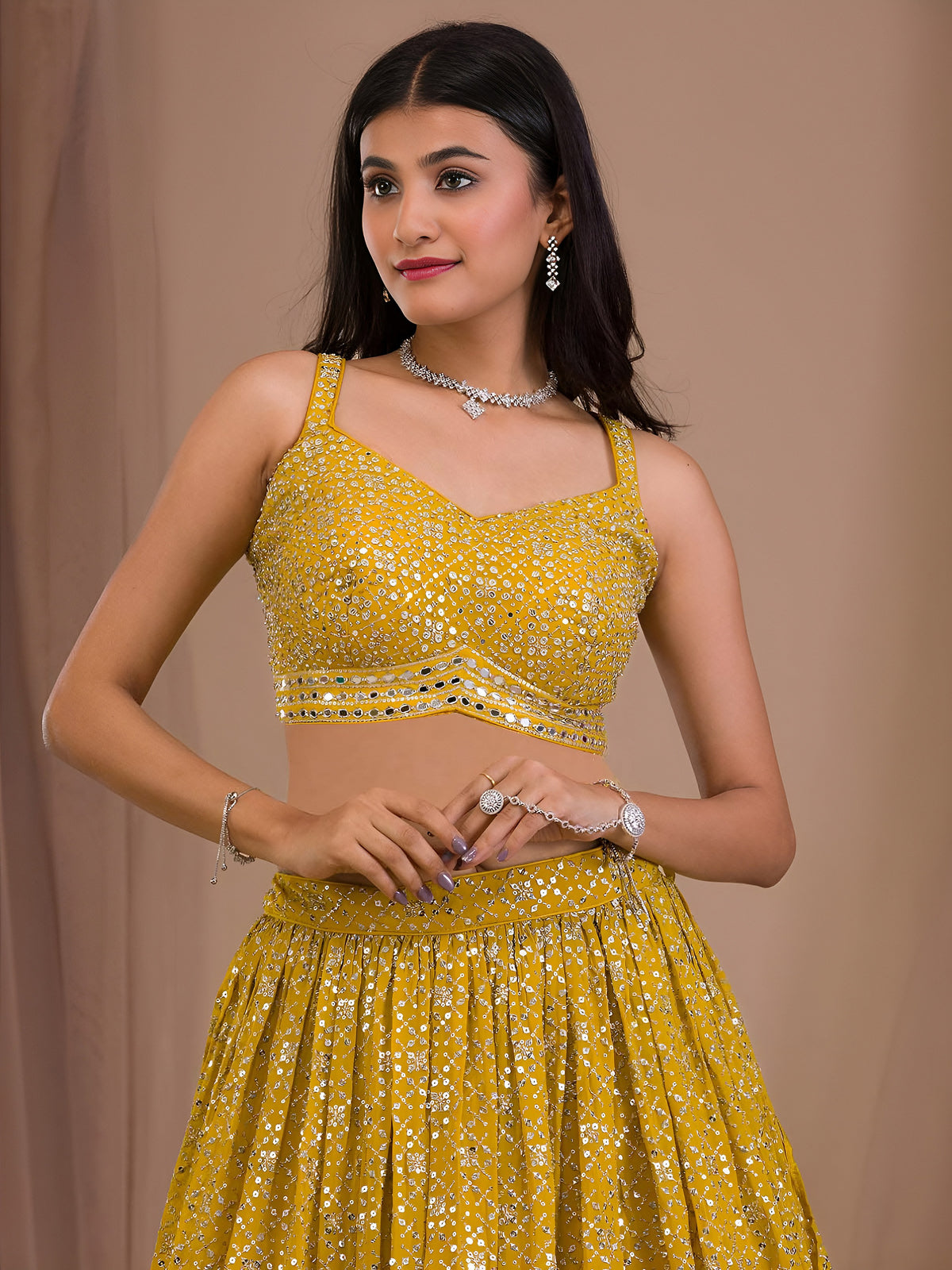 Mustard Yellow Sequin Lehenga Choli with Embellished Dupatta